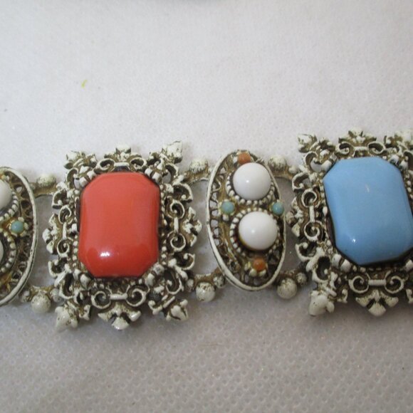 Vintage 1950s Enamel Celluloid Cabochon Section Bracelet Antiqued White Enamel - Picture 9 of 12